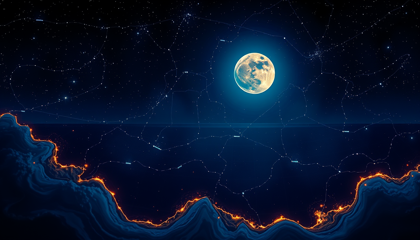 Main art studio: crie uma imagem em plano americano e no Ângulo Holandes de uma paisaem a noite da lua perto do mar