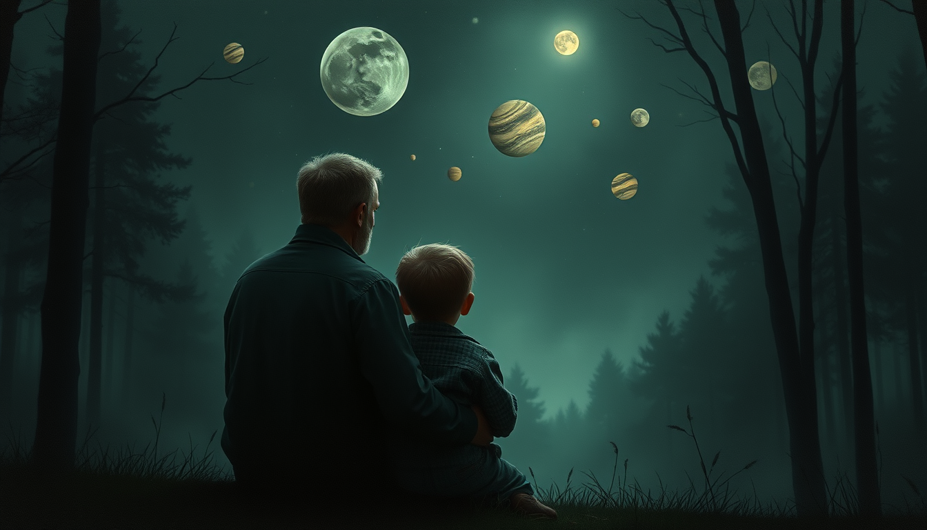 AI Art prompt example created from the prompt: A father and his young child sitting together in a quiet forest at night, talking while looking at the sky with exactly eleven planets. Dark