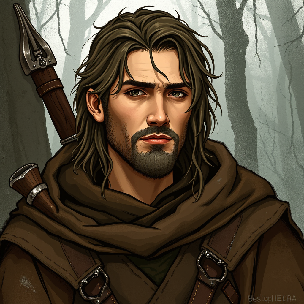 Main art studio: Stilisierte, düstere mittelalterliche Fantasy-Illustration: Isen, 31, ehemaliger Wildhüter und Kriegsspäher, schlank, sehnig, wettergegerbtes Gesicht,