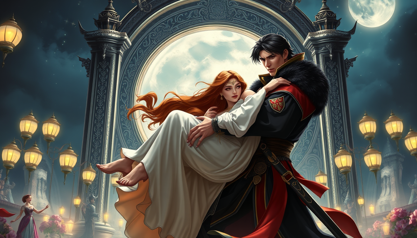 Main art studio: A tall warrior prince carries a princess through a grand silver moon gate, one arm supporting her back, the other supporting her legs.The prince has d
