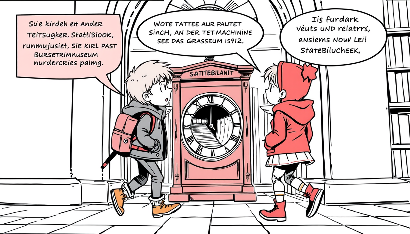 AI Comic idea created from the prompt: comic panel, bold inks, halftone shading, speech-bubble ready composition, Zwei Kinder treffen sich an der Leipziger Stadtbibliothek. Sie fi