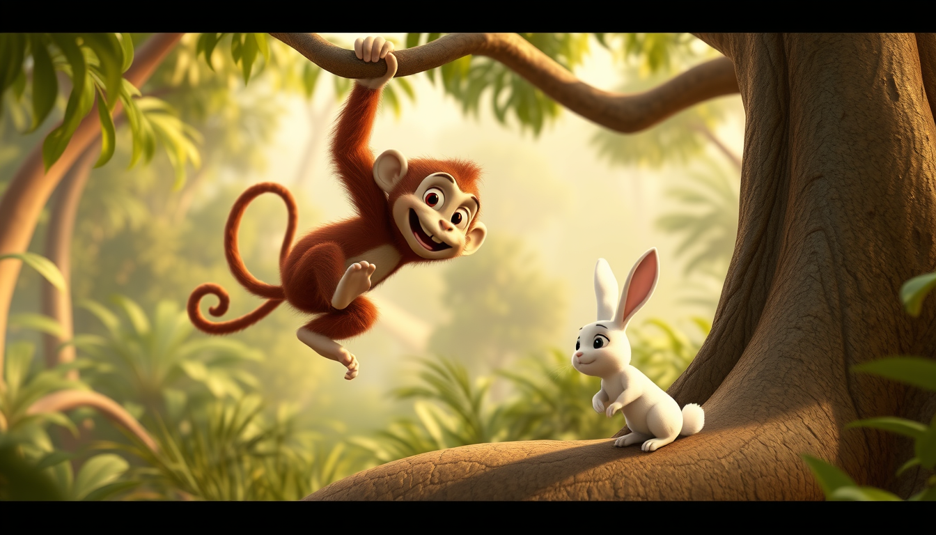 Main art studio: इमेज 4 — बंदर पेड़ पर चढ़ता है “Funny mischievous brown monkey climbing a large tree to catch a cute white rabbit, rabbit watching from below, beautif