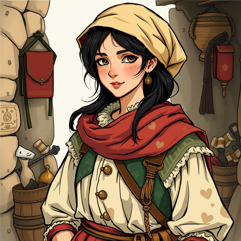 Main art studio: Stilisierte mittelalterliche Fantasy-Illustration: Alruna, wandernde Händlerin, Ende 20, klein und kräftig gebaut, sonnengebräunte Haut, rundes Gesich