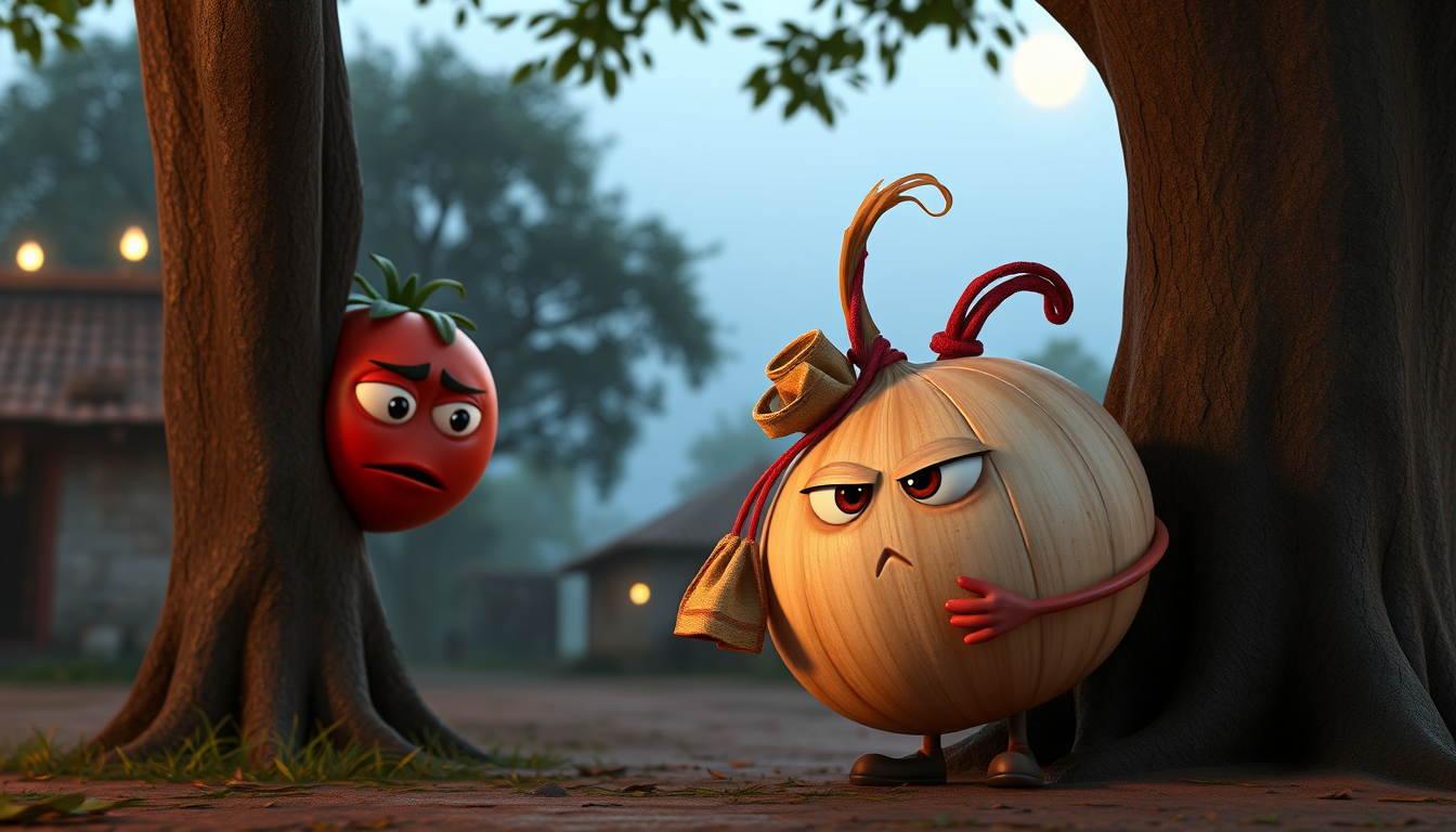 Main art studio: The same red tomato character secretly looking from behind a large tree and discovering a mysterious anthropomorphic onion character holding the stole