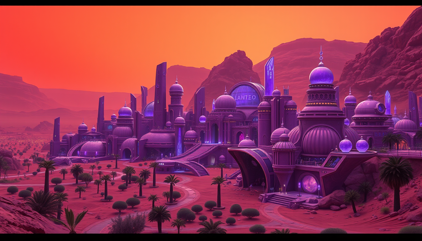 AI Art prompt example created from the prompt: A futuristic Martian capital city called Ihil in the country Figua, located on the northern side of Mars. The entire city is built from purp