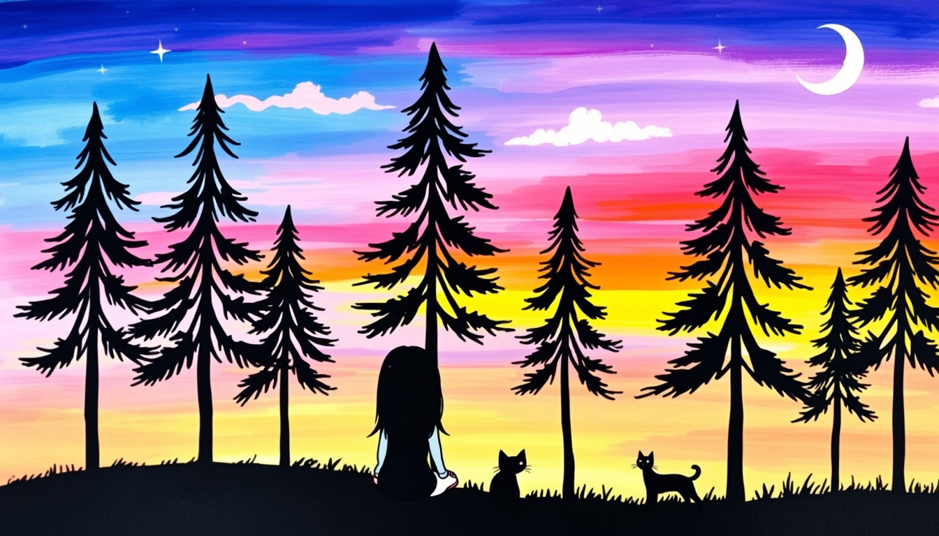 Main art studio: A simple colourful painted forest at sunset, suitable for a 10-year-old student to recreate. A bright sky blending blue, purple, pink, orange and yell