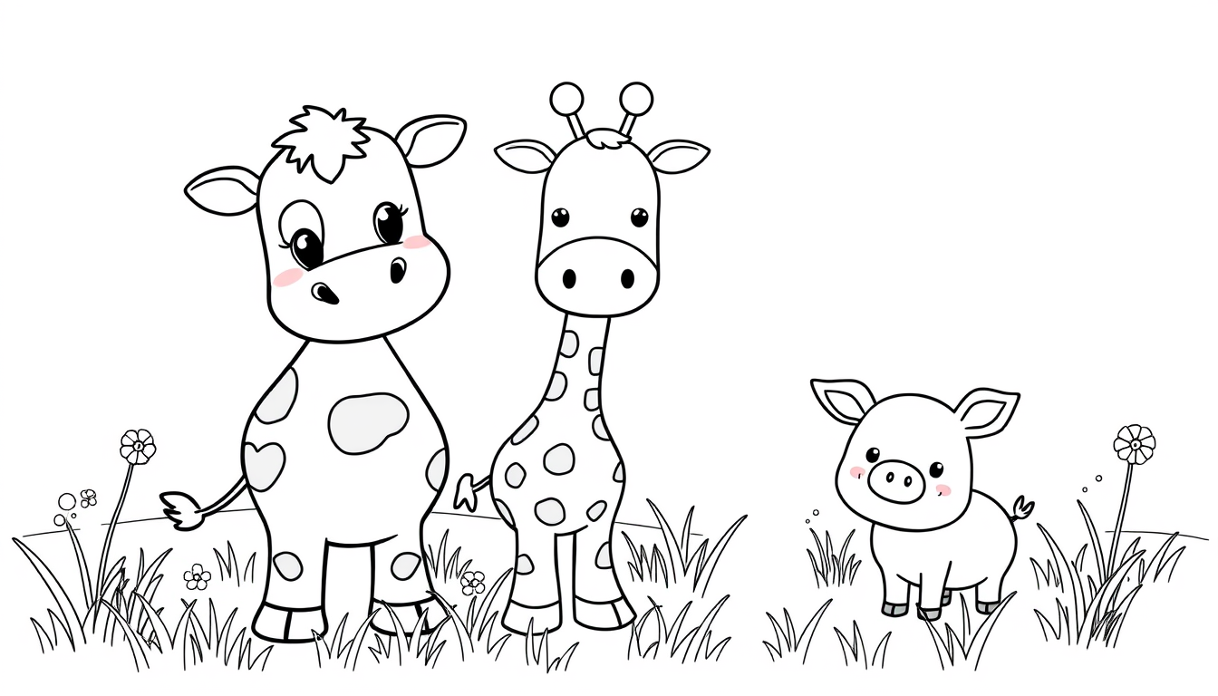 AI Art prompt example created from the prompt: A cute children's coloring book page featuring a friendly cow, a happy giraffe, and a cute little pig standing together in a simple farm mea