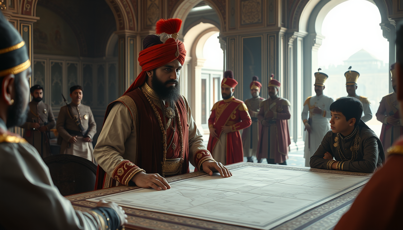 Main art studio: Scene 5 — Bairam Khan Prompt: A powerful senior Mughal military commander advising a young emperor inside a grand Mughal palace, the commander wearing