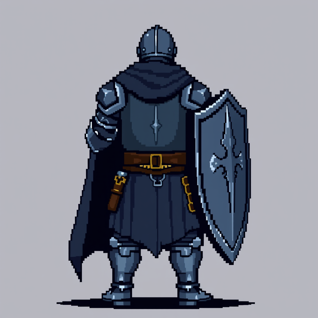 Sprite idea created from the prompt: pixel art game sprite, clean pixel grid, retro 16-bit palette, Medieval dark fantasy pixel art warrior, full body, STRICT BACK VIEW, facing 