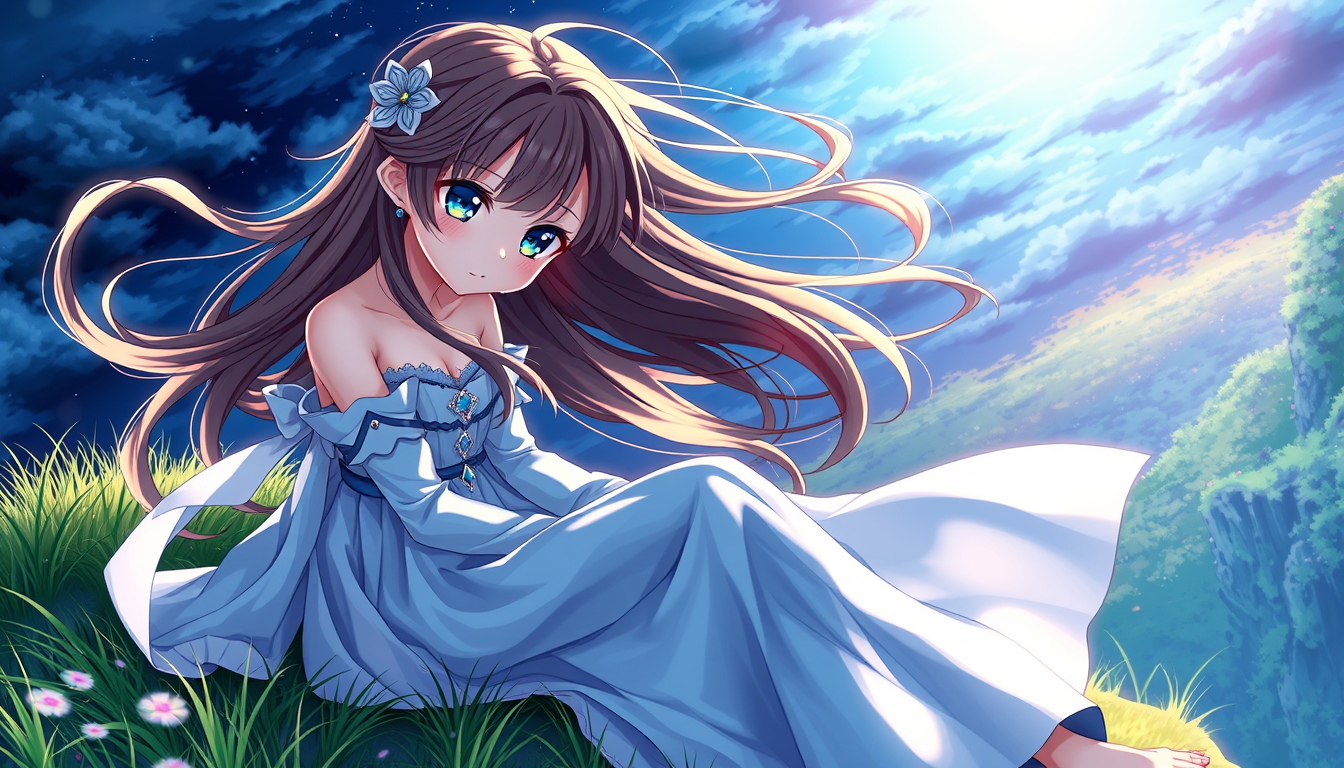 Anime idea: anime style, vibrant colors, expressive eyes, A gorgeous anime girl sitting on a grassy nature cliff, at night time. She has brown hair, light blue ey
