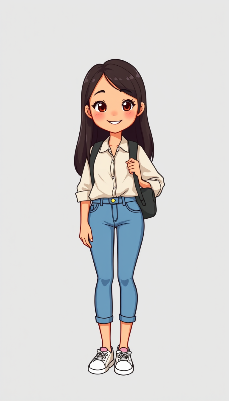 Main art studio: Young Filipino female college student, 18–22 years old, long straight dark hair, warm medium skin, brown eyes, cheerful youthful face. Wearing a neat