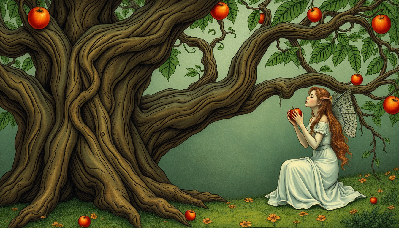 AI Art prompt example created from the prompt: wood nymph eating apple by a gnarly ancient oak tree, art nouveau, fairyland
