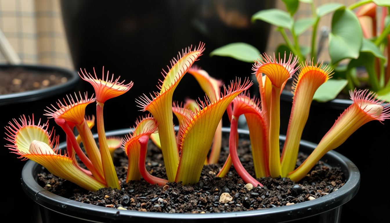 Main art studio: venus flytraps but much bigger and are flatter and have a long and slim stem and are green with a pink hue and are big enough to eat rats and roaches