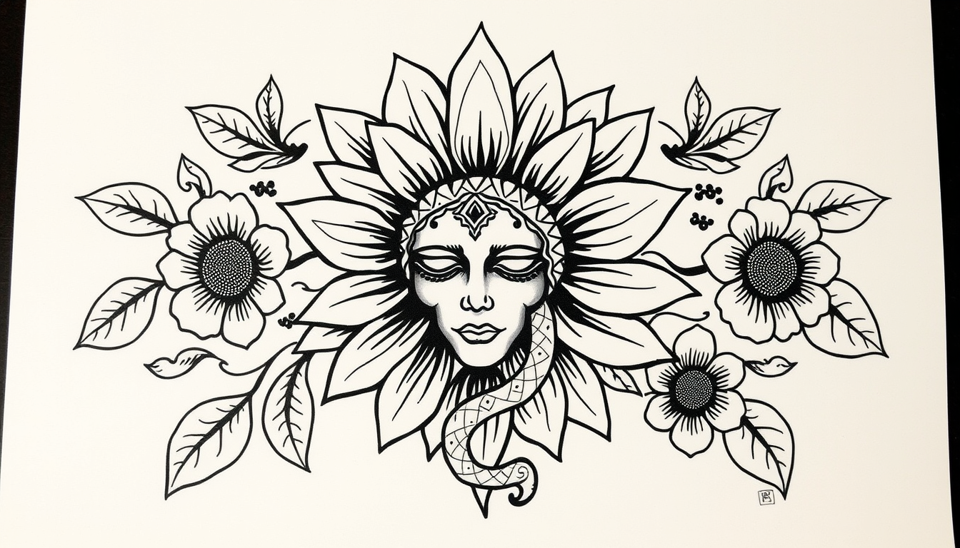 Main art studio: Tattoo stencil 6x8 Sunflower mandala fine line style for shoulder Add a hidden Medusa head with visible snake entertained with flowers