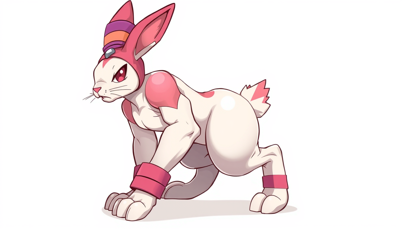 Main art studio: Original creature design for a monster-catching RPG. A Fighting type rabbit inspired by a muscular athletic girl. Anthropomorphic-looking rabbit but s