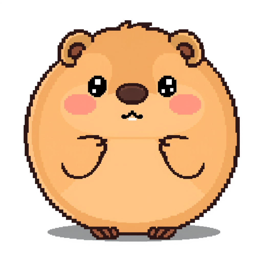 Main art studio: Cute round capybara toy ball, pixel art, front view, perfectly circular, chubby shape, kawaii face, small ears, tiny feet, big shiny eyes, blush cheek