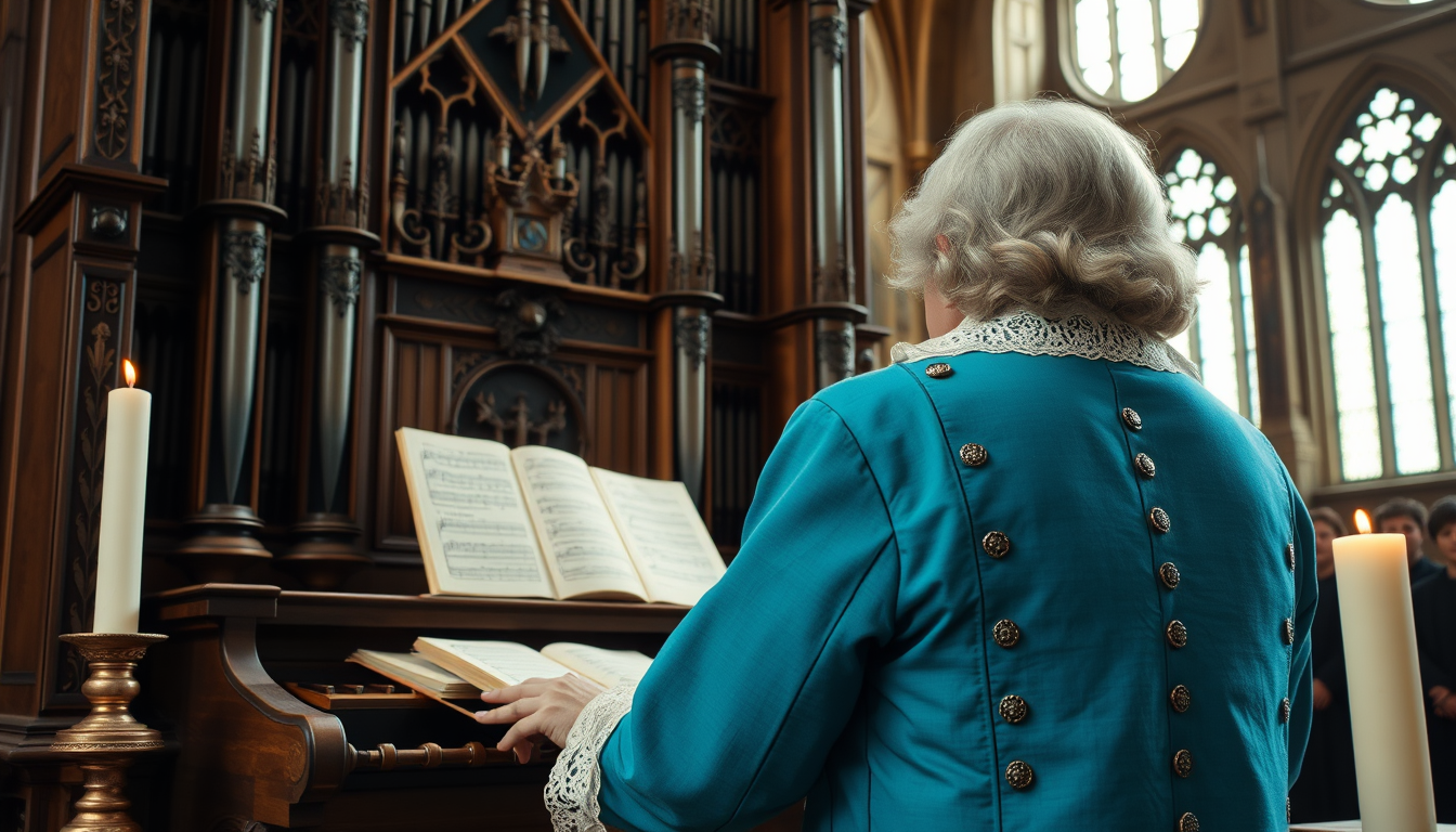 AI Art prompt example created from the prompt: Johann Sebastian Bach, around 55 years old, playing the grand organ in St. Thomas Church in Leipzig. He is seen from behind, wearing a turqu