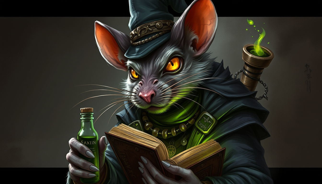 Characters idea: original character design, detailed outfit and accessories, expressive personality, skaven ( rat) who is addicted to drogues and toxine he is an occul