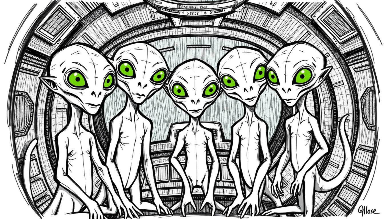 Main art studio: 2D HAND-DRAWN CARTOON. Inside the strange Qllose spaceship, show FIVE alien crew members together. EVERY alien has EXACTLY THREE SEPARATE EYES: LEFT,