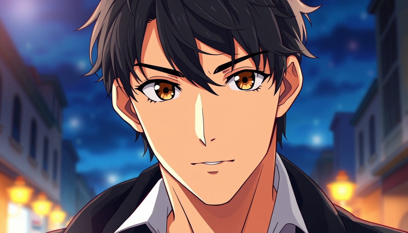 Anime idea created from the prompt: anime style, vibrant colors, expressive eyes, Cinematic Japanese anime style, young handsome Italian-European man, dark slightly messy hair,