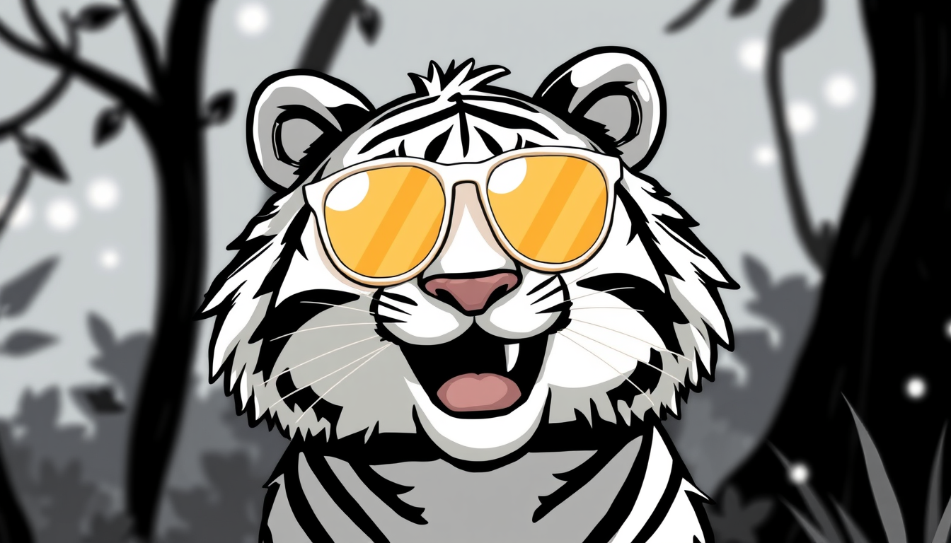 Main art studio: fröhlicher tiger mit Sonnenbrille. Malbuchstil: Nur die Linien = Schwarz und weiß, es ist zum ausmalen. cartoonlike. OHNE farben