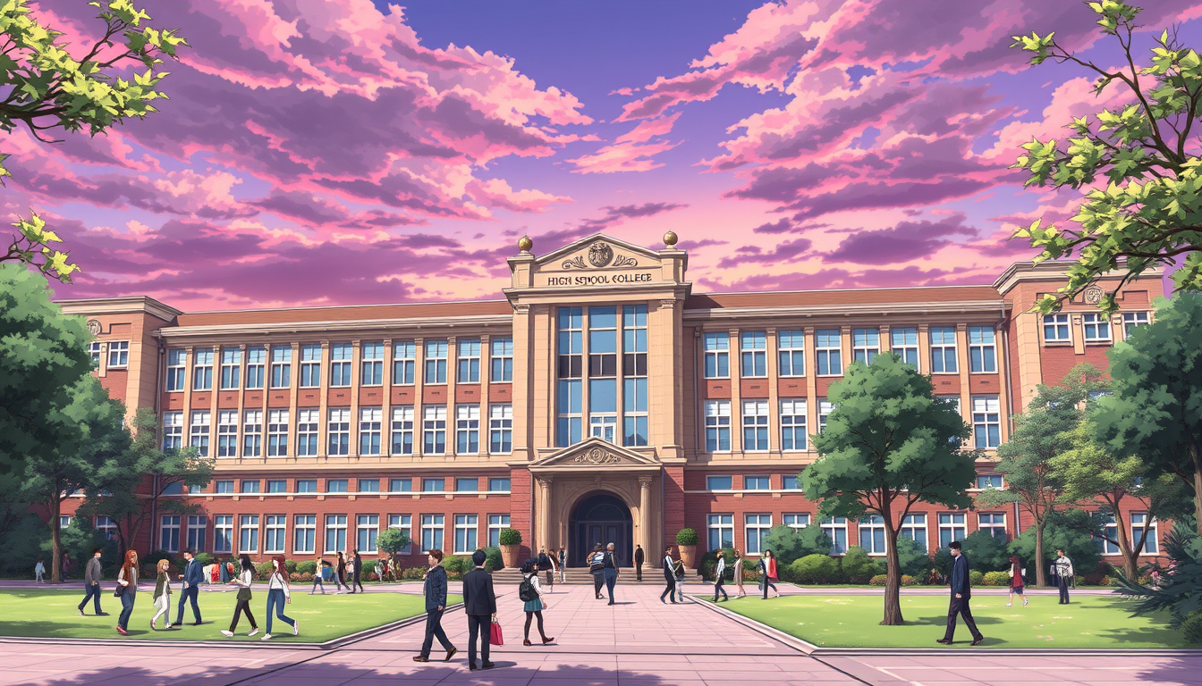 Main art studio: an anime picture of a high school long and tall building with the name Royal High School College with many students, teachers and people walking aroun