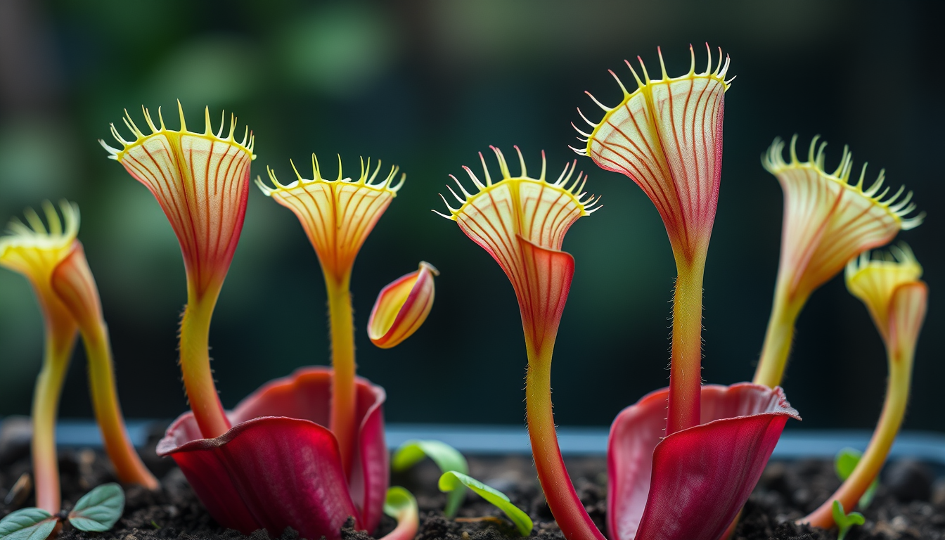 Main art studio: venus flytraps but are much bigger and taller and are flatter and have a long and slim stem and are green with a pink hue