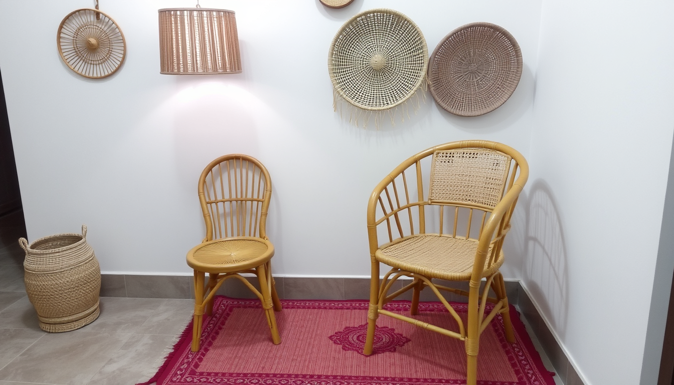 Main art studio: --------------------------------------------------- [Bamboo Lamp Shade] [Cane Chair] 💡 🪑 [Jute Baskets] Madhobi Mart [Wall Mat] 🧺 🌸 🧵 হাতের ছোঁয়া