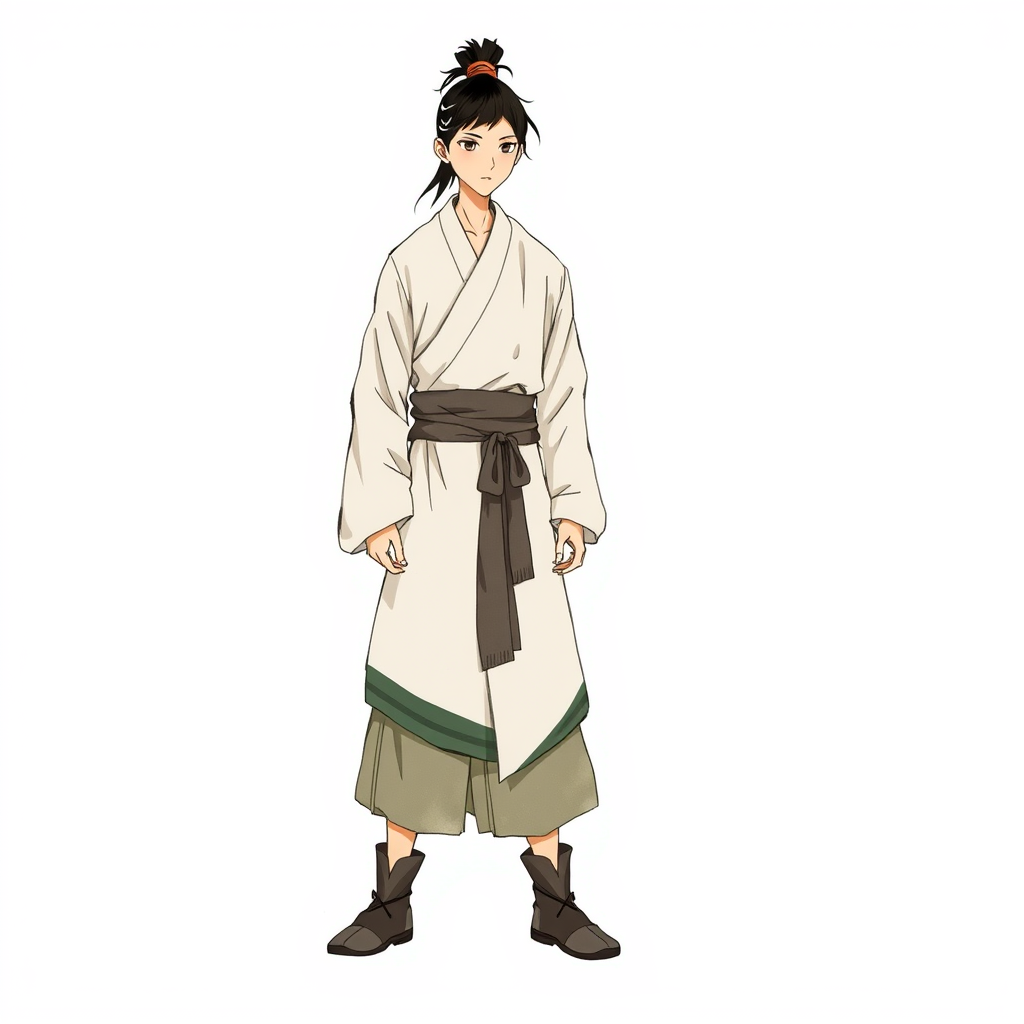 Main art studio: a lone young xianxia cultivator, male, lean build, plain off-white layered robe with a dark grey sash and simple cloth boots, long black hair in a hig