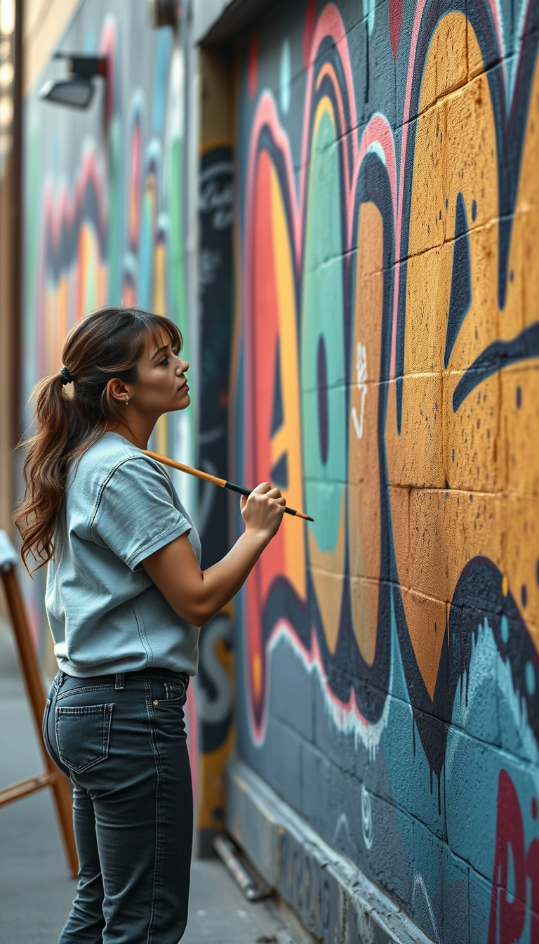 Main art studio: Same female street artist painting a colorful street mural. Smooth natural brush movement, realistic paint strokes, cinematic camera movement. Continu