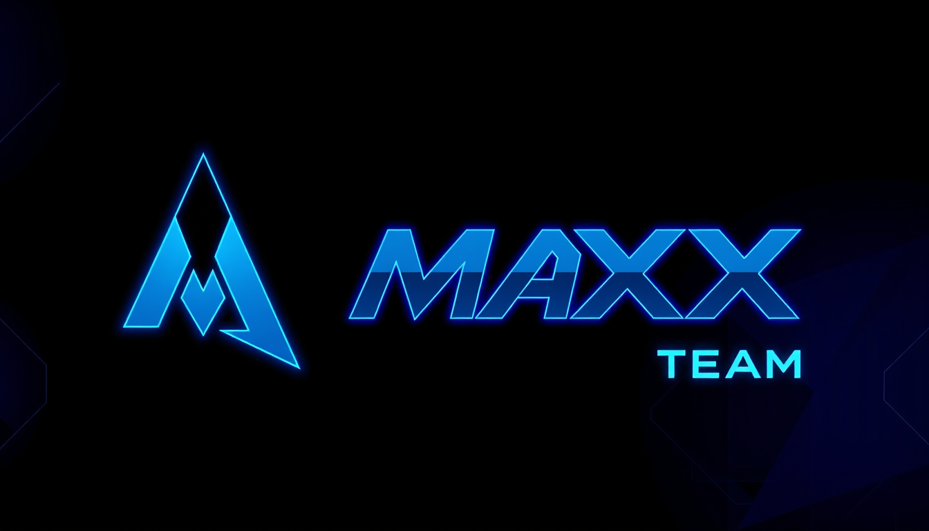 Main art studio: Wide Discord banner, black and deep electric-blue gaming aesthetic. On the far left, a large sharp uppercase “M”, strongly tilted right, with glowing
