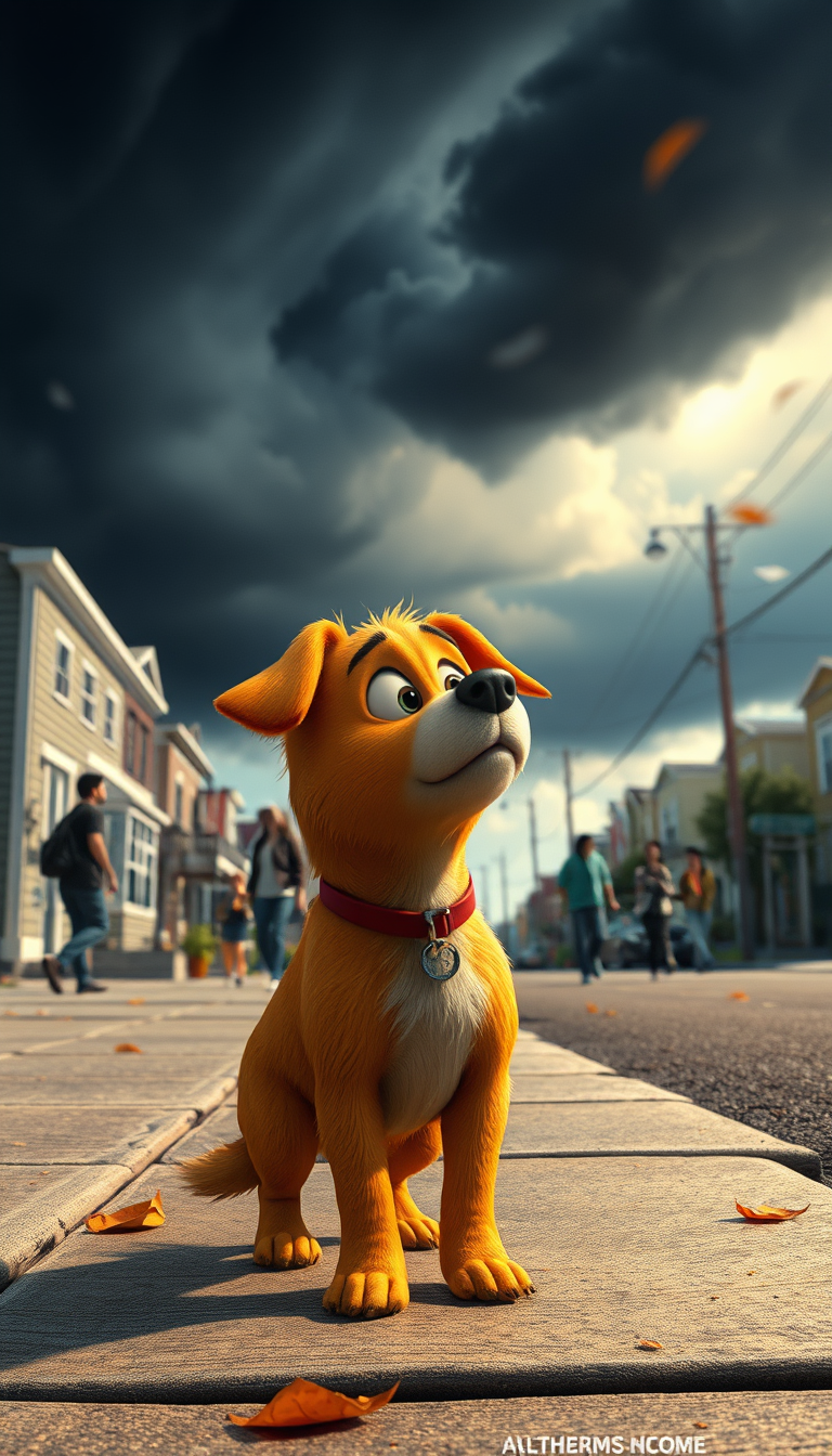 Main art studio: The Storm Is ComingImage Prompt:The same small golden-brown stray dog standing on the sidewalk and looking anxiously toward dark storm clouds gatherin