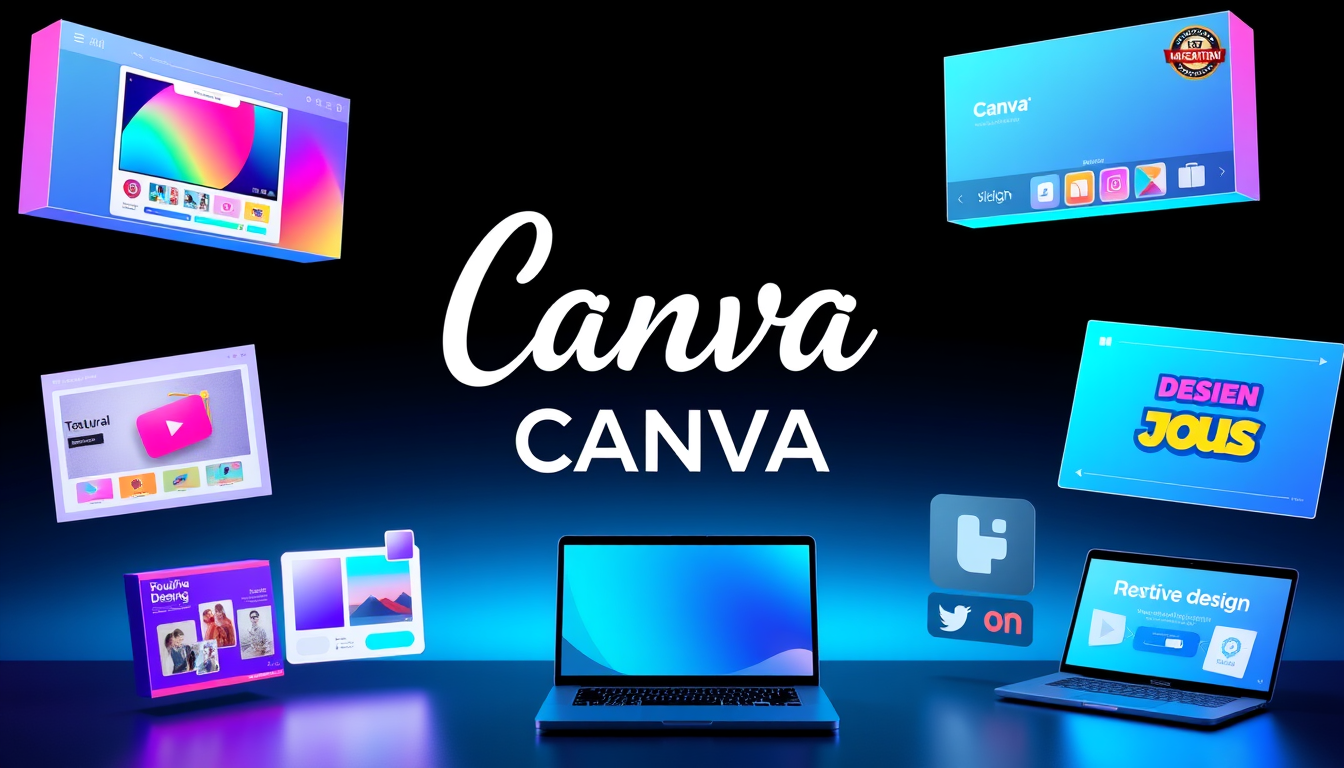 Main art studio: Create a stunning, professional 16:9 landscape image for a YouTube video introducing the design platform CANVA. Make the official Canva logo and the e