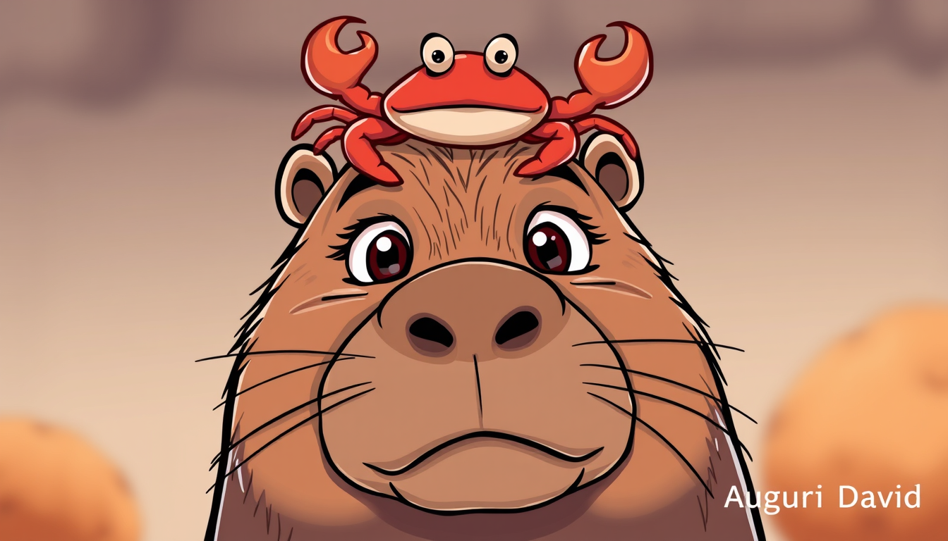AI Art prompt example created from the prompt: A funny cartoon capybara with a cute sea crab sitting on top of its head. The capybara is cross-eyed, looking up at the crab on its head wit