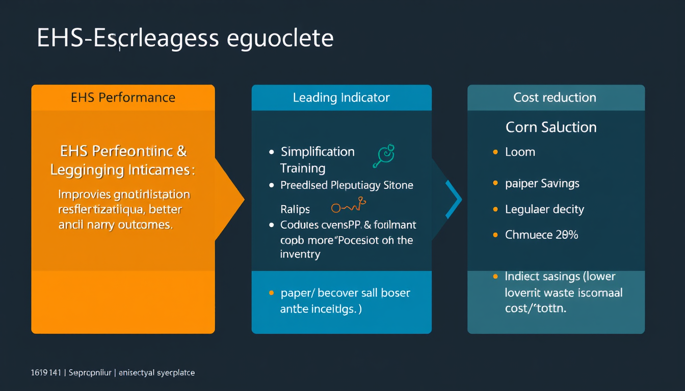 Main art studio: Create a professional 16:9 executive PPT slide with 3 interconnected EHS value pillars: 1) EHS Performance – show improving Leading & Lagging Indicato