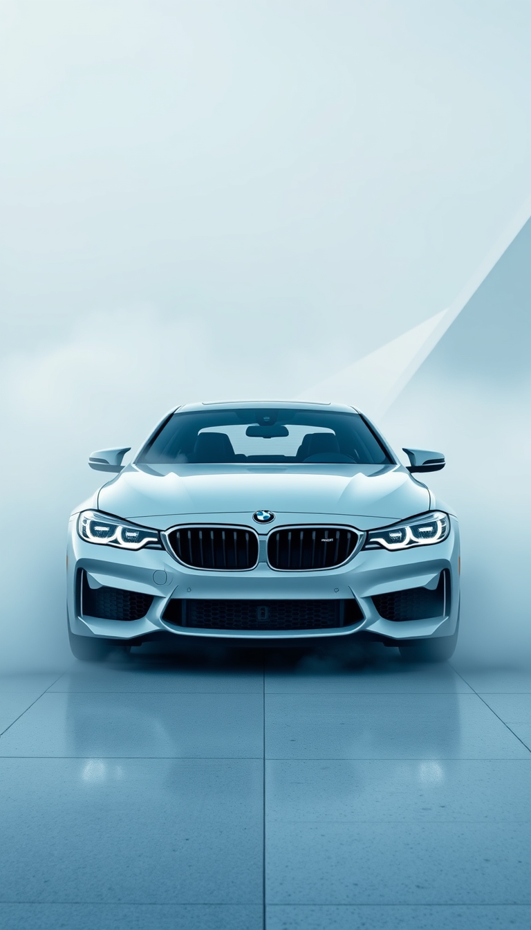 Main art studio: A pristine white BMW M-series surrounded by soft white mist on a futuristic minimalist landscape, glowing headlights, subtle silver reflections, clean