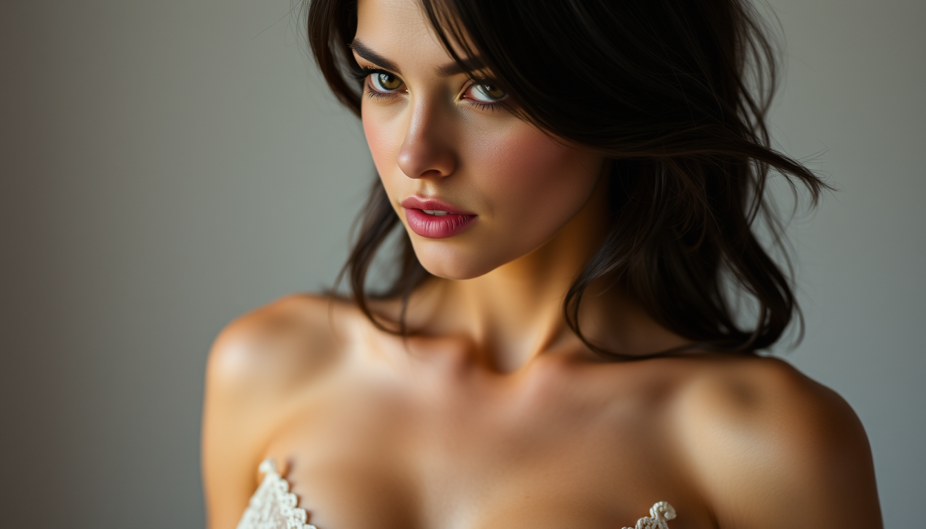 Main art studio: highly attractive female model with dark hair and tanned skin wearing a bra