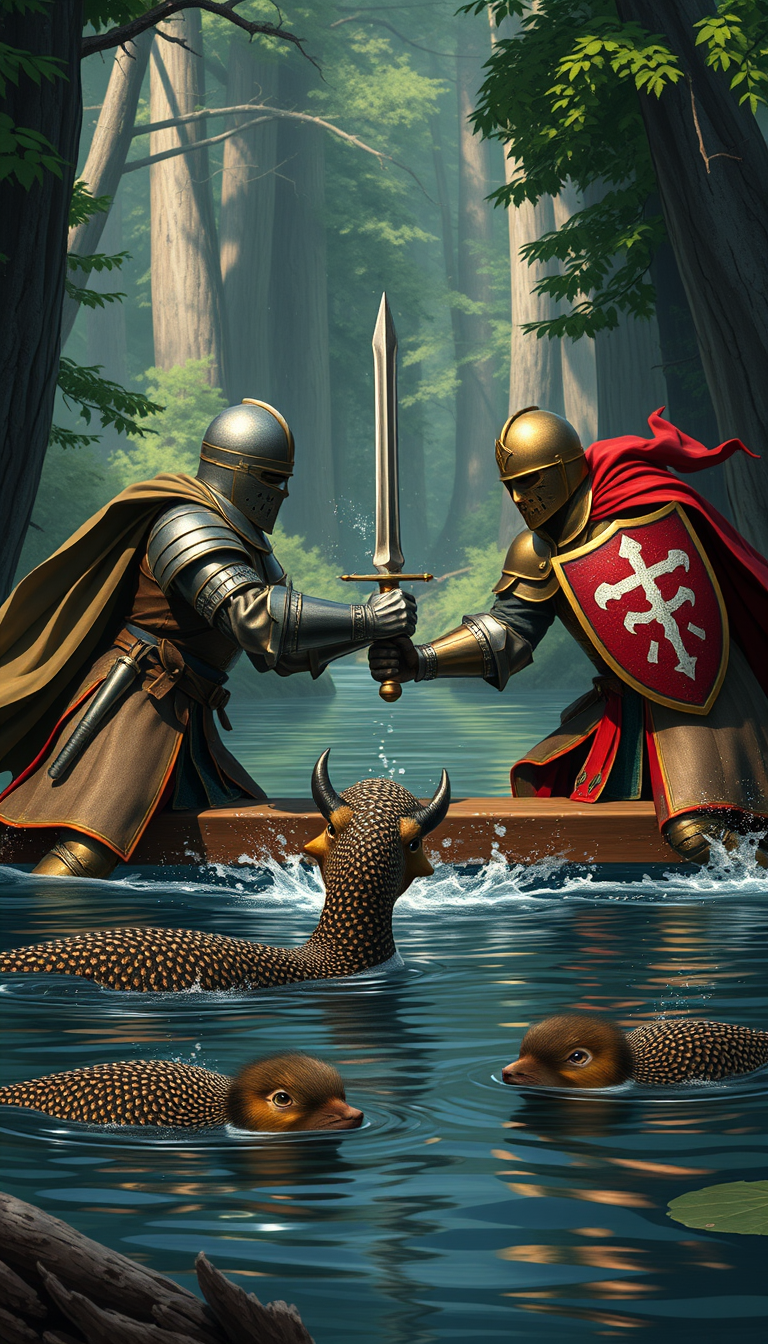 Main art studio: Crea una imagen de la época medieval de dos caballeros con sus armaduras, escudos y espaldas peleando entre ellos encima de una tabla y abajo un lago