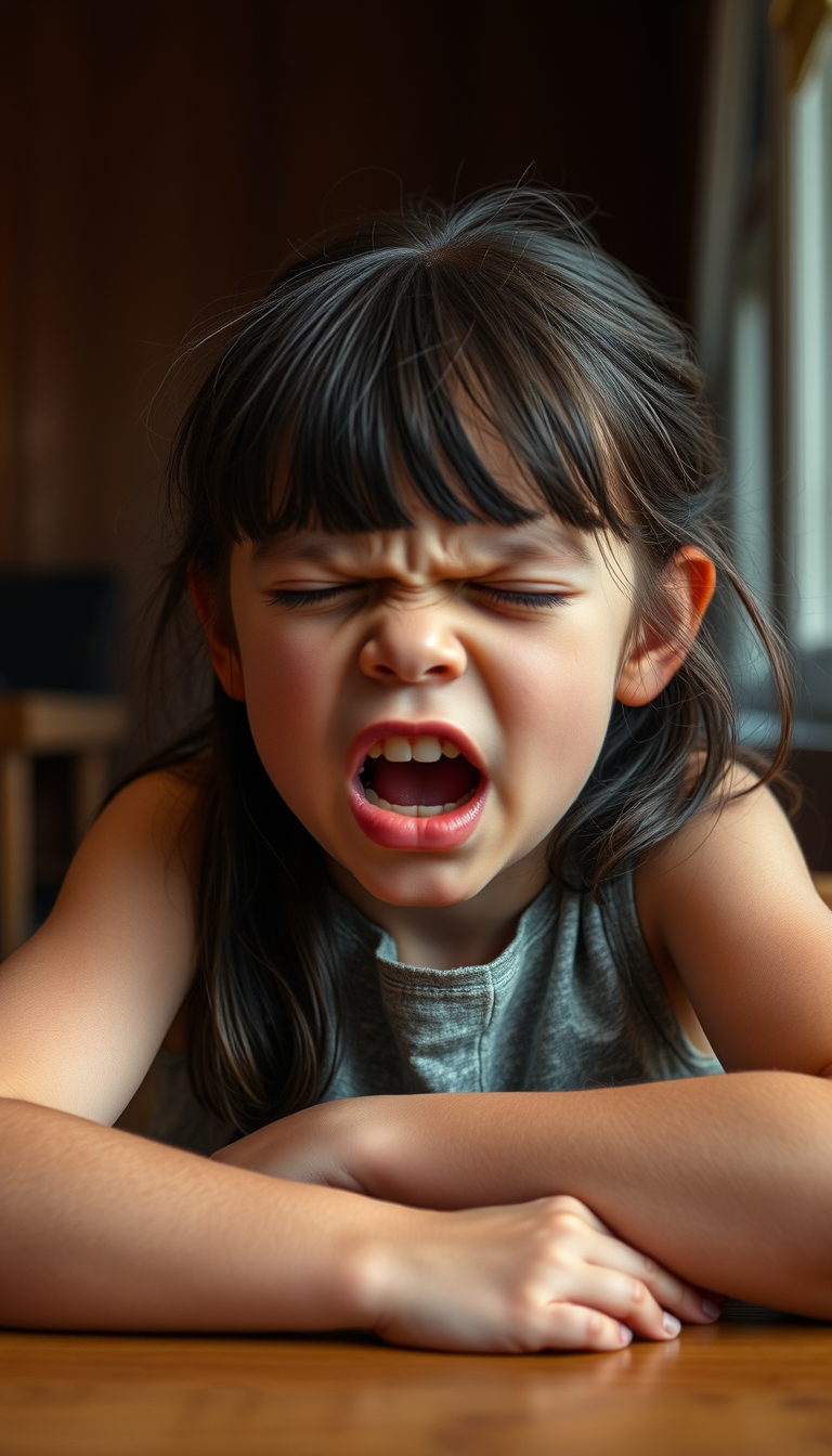 Main art studio: tanned 10 year old with girl dark brown hair sitting at a table with mouth open eyes closed head tilted back very angry wrinkling face of many tiny wr
