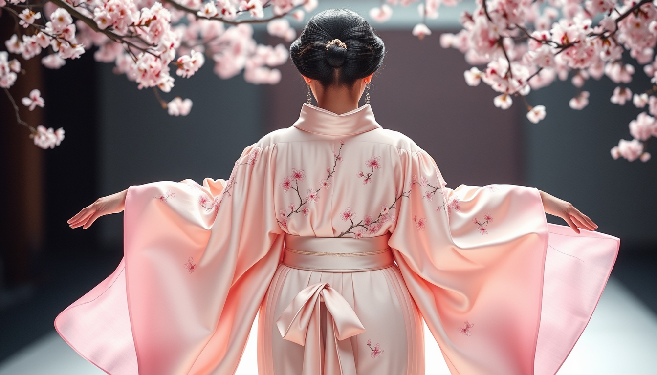 Main art studio: Japanese haute couture inspired by sakura blossoms, flowing silk kimono gown with layered sleeves, delicate cherry blossom embroidery cascading from t