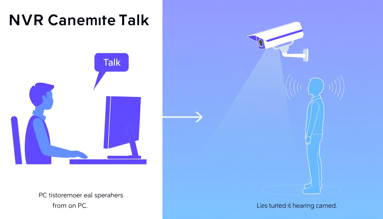 Main art studio: Create a clean 2D NVR Camera Talk workflow. On the left, one person sits at a PC and clicks the highlighted “Talk” button. On the right, show another 