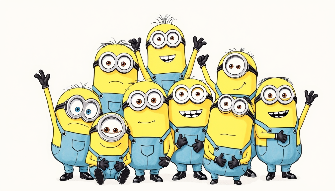 Main art studio: Show 8–10 Minions together in ONE single group composition, like they are posing for a group photo. They should be close together, with some standing 