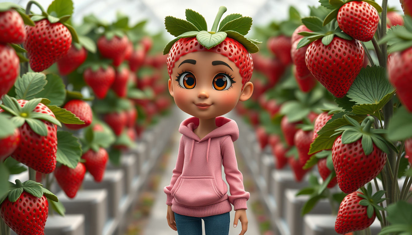 Main art studio: Create a high-quality cinematic 3D animated AI Fruit scene in a vertical 9:16 format. Strawberina is an anthropomorphic strawberry woman with bright r
