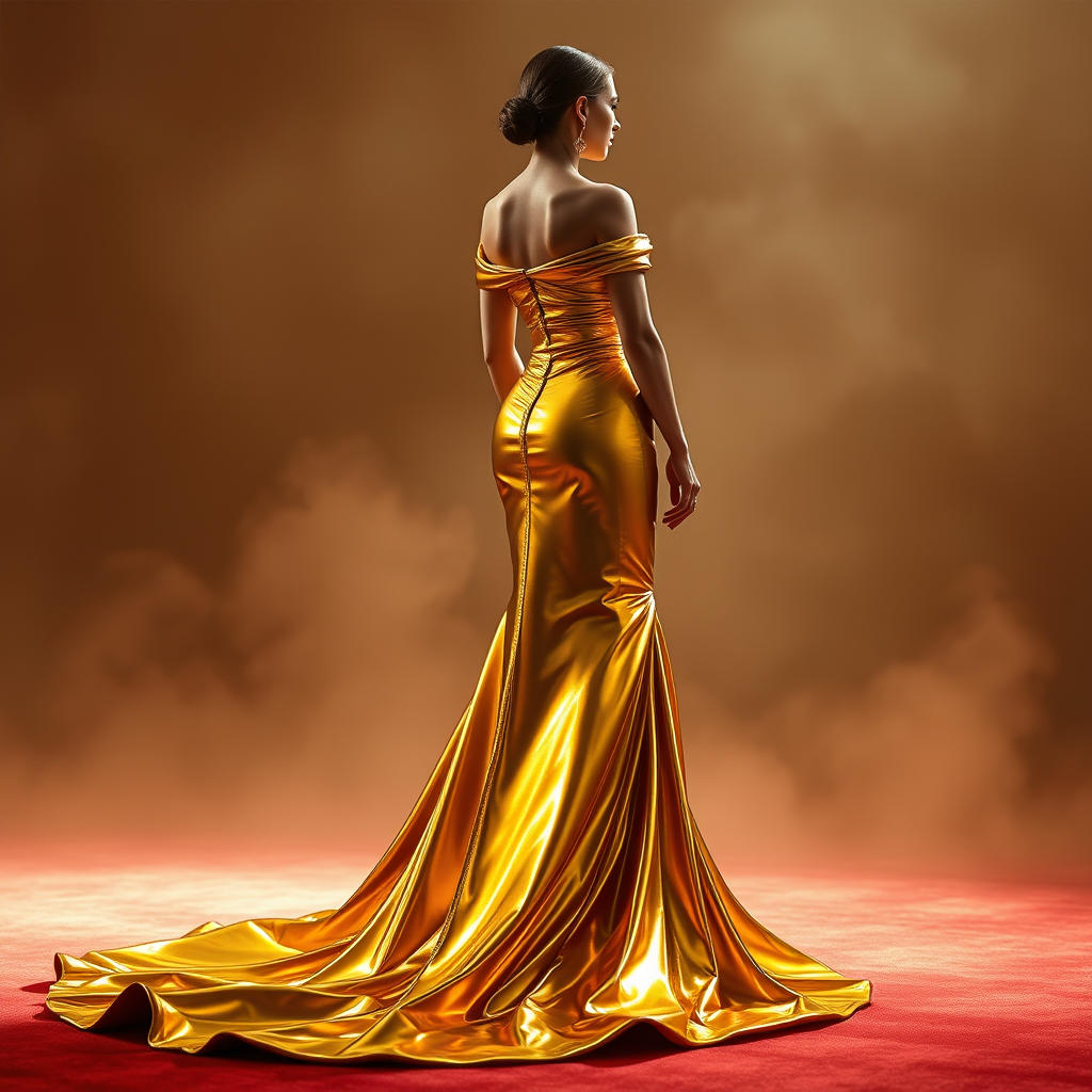 Main art studio: A breathtaking liquid gold couture gown, floor-length body-skimming silhouette, sculpted corset, molten metallic fabric flowing like liquid gold, dram