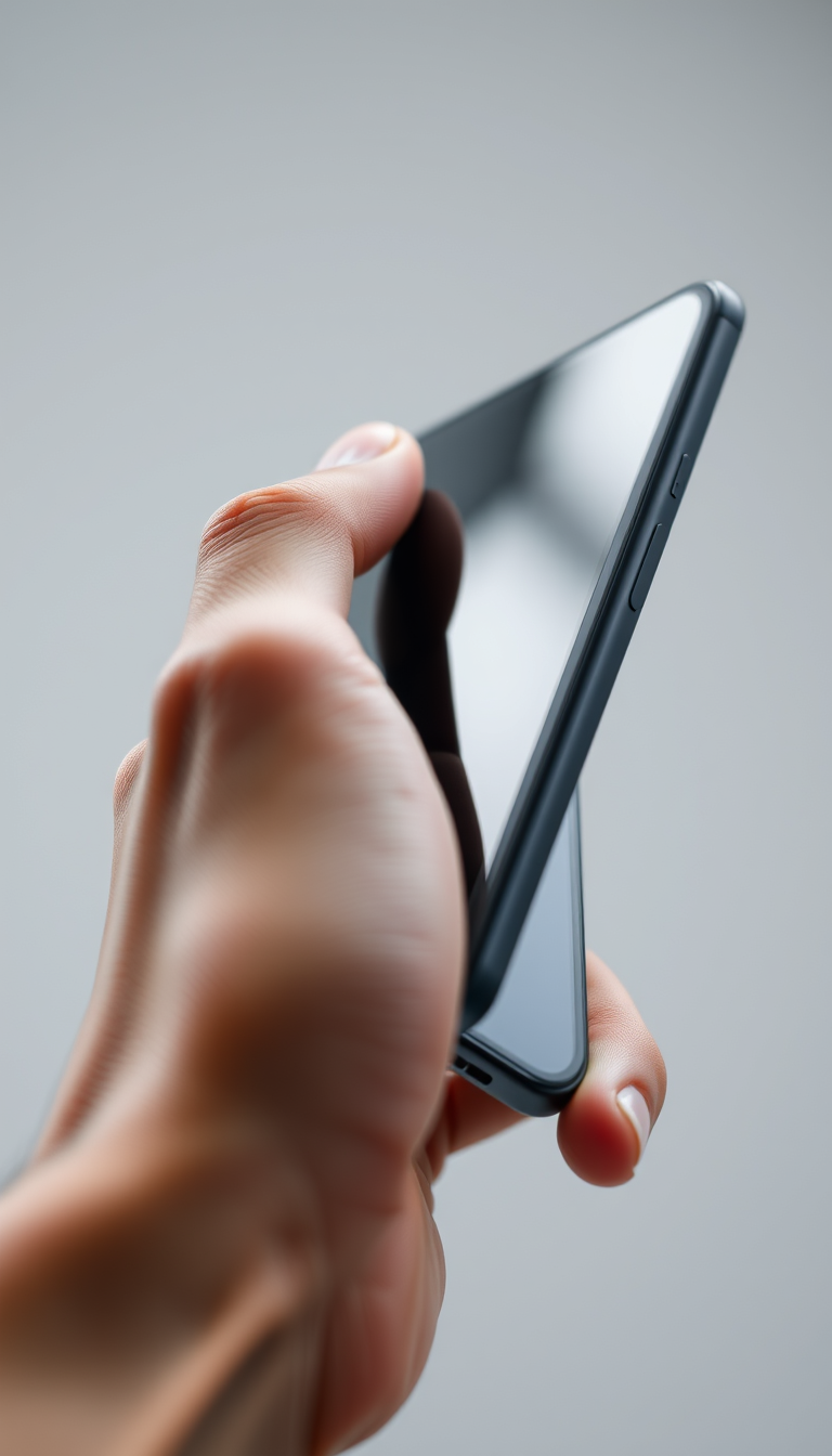 Main art studio: A realistic close-up shot of a single hand holding a smartphone, the index finger pressing against the back of the phone for support, the phone screen