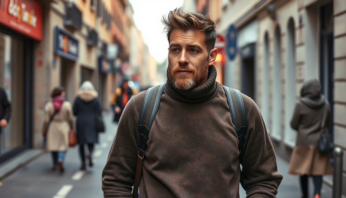 Main art studio: Un homme qui marche dans une rue avec plein de personne on voit pas son visage il a un pull et une capuche sur la tete et son pull il y a marqué ATL s