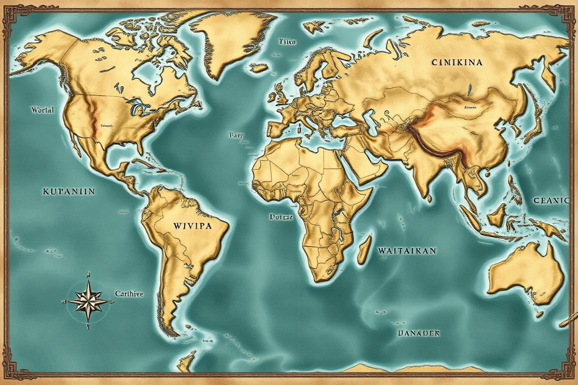 Fantasy Maps idea: a readable fictional world map with coherent coastlines, terrain regions, routes, and landmarks, deliberate composition, Original fantasy world map fo