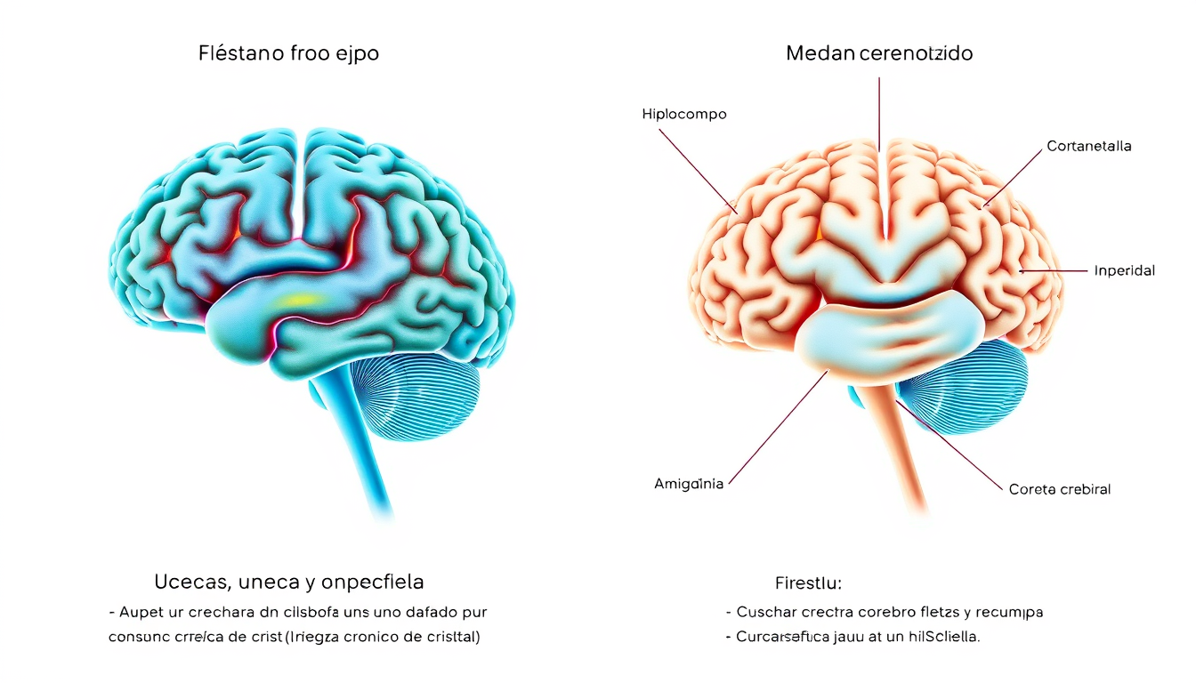 Main art studio: INFOGRAFÍA MÉDICA. TODO EL TEXTO DEBE ESTAR EN ESPAÑOL. NO USAR INGLÉS. Comparar un cerebro sano con uno dañado por consumo crónico de cristal (metanf