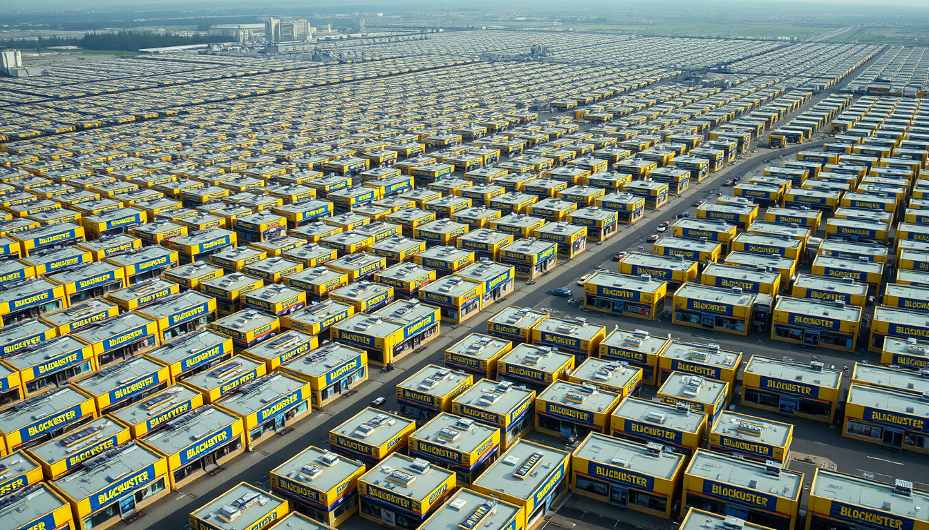Main art studio: A massive wall of thousands of Blockbuster video rental stores, hundreds of identical storefronts arranged in perfectly aligned rows and columns, blue