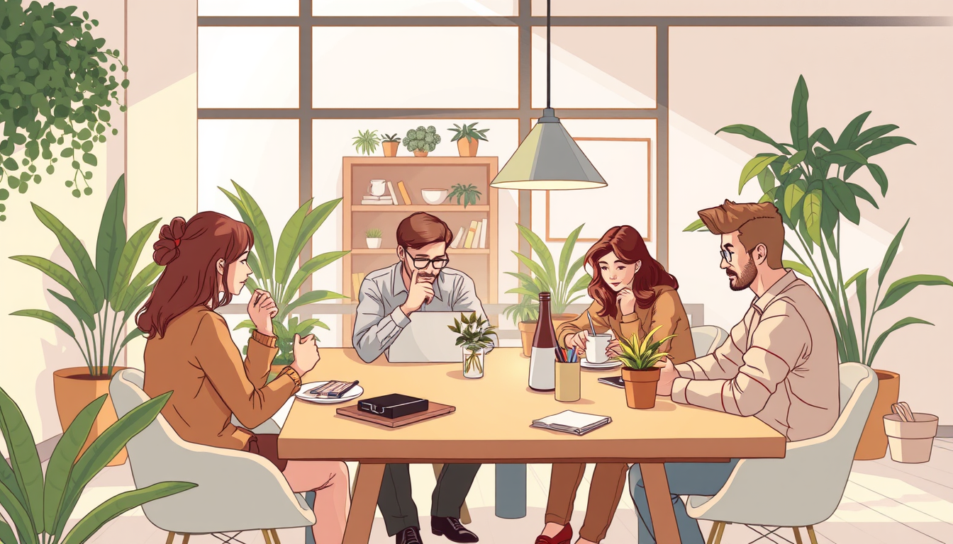 Main art studio: un espace de travail chaleureux avec des gens qui travaillent ensemble. certains boivent un café. la pièce est lumineuse, il y a des plantes. les gens
